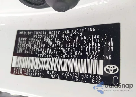 2020 Toyota Corolla Se/Se Nightshade Edition z USA, uszkodzony, nr VIN 5YFS4RCE2LP025209